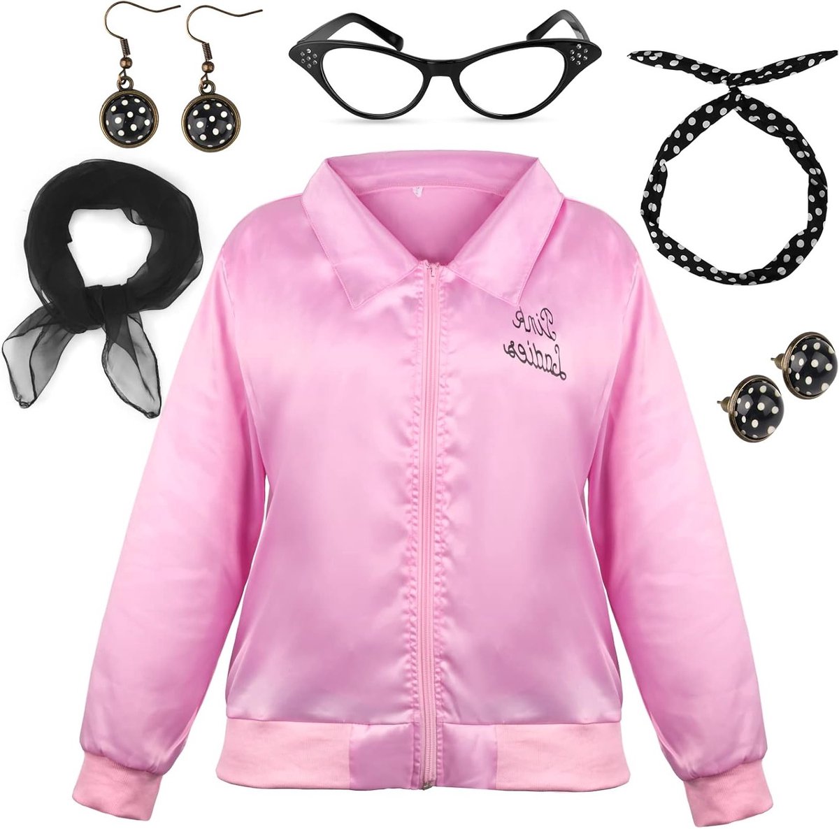 Roze dames verkleedoutfit - stijlvolle jaren 50 jurk, accessoires voor vrouwen, vintage kostuum en feestkleding