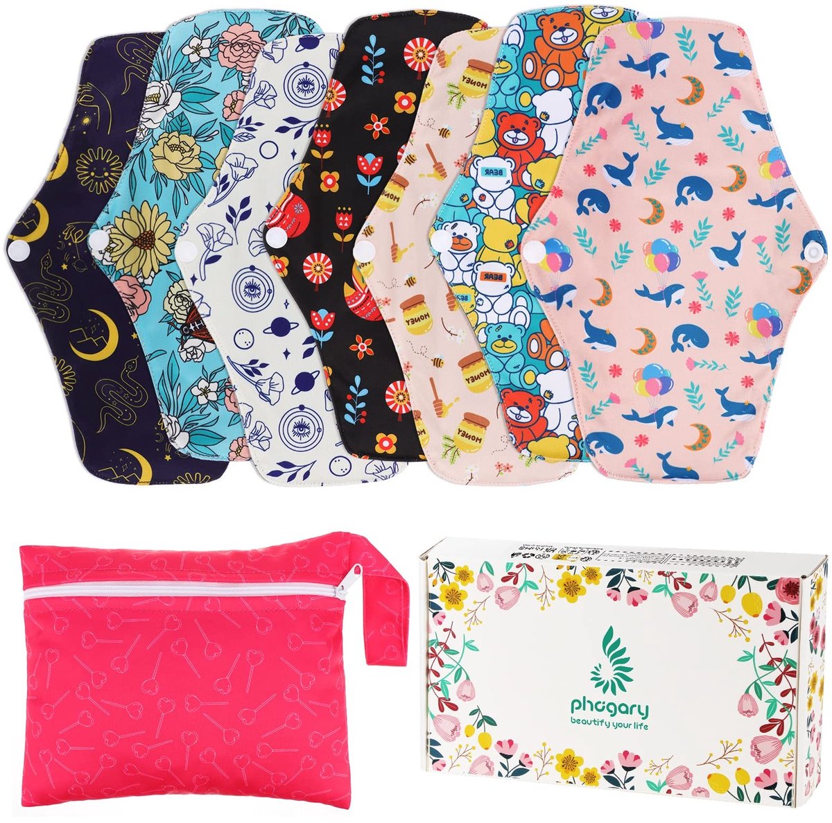 NTHProducts - Herbruikbare Sanitaire Pads - Wasbare Menstruatie Pads - 7 Stuks - 26 cm - Zachte Bamboo Katoen - Ideaal voor Zware Flow - Inclusief Opbe...