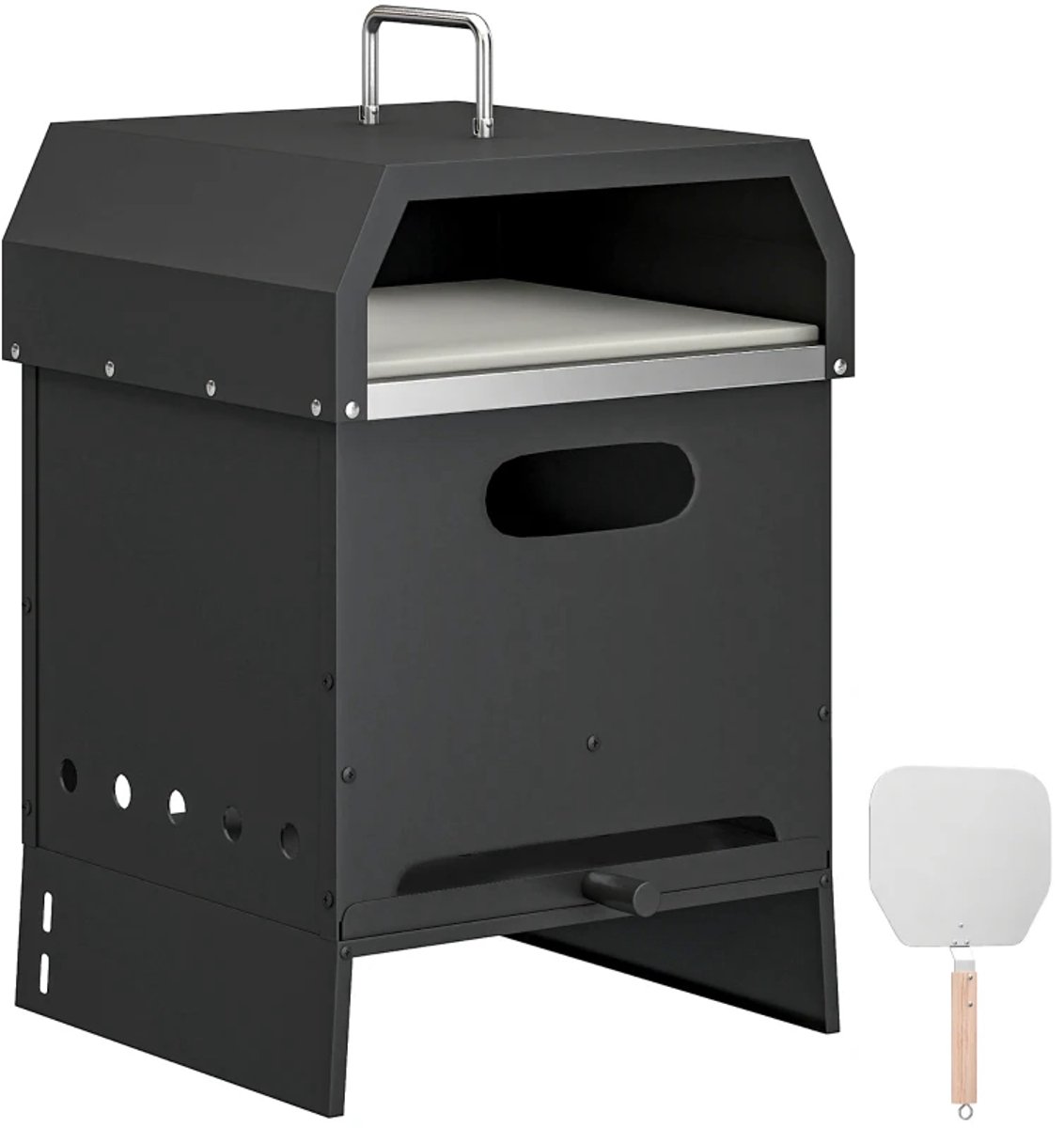 3-in-1 Pizza Oven - Grilloven - Grillwagen - 2-laags Houtgestookte Oven voor Barbecue - met Pizzasteen, Pizzaschep, Handgrepen - Pizza Maker - Houtgestookt - Pizzaoven - voor Buiten - Zwart