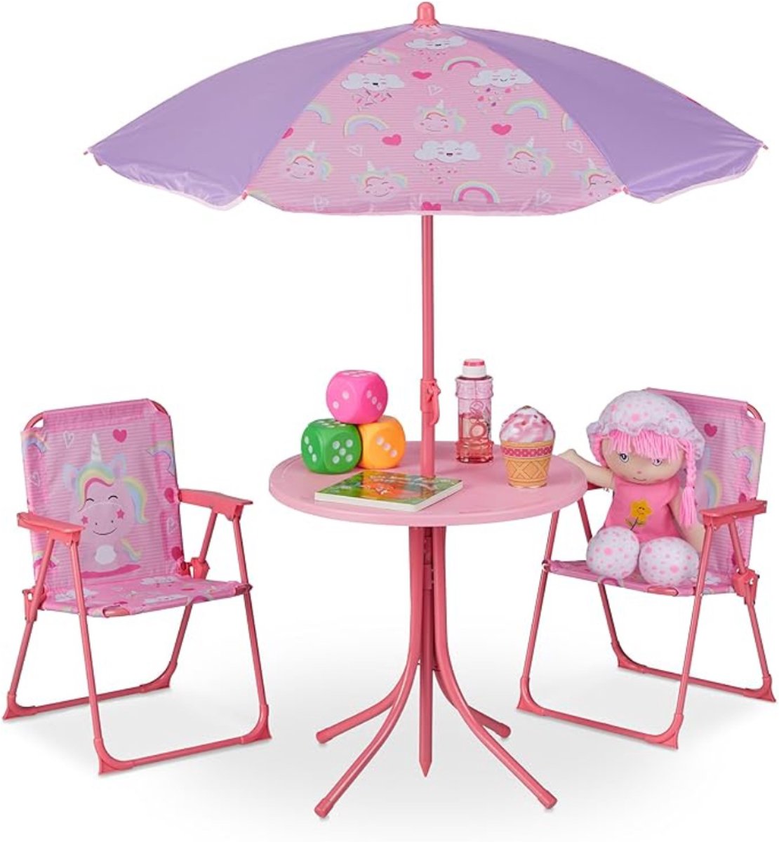 Verte Kinder Picknicktafel - Tuinset voor Kinderen - Kinderset met Parasol - Eenhoornmotief - Tafel en Kinderstoelen - Kamperen & Tuin - Roze