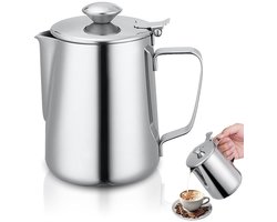 Roestvrijstalen melkopschuimer met deksel en 350ml capaciteit voor koffiekunst.