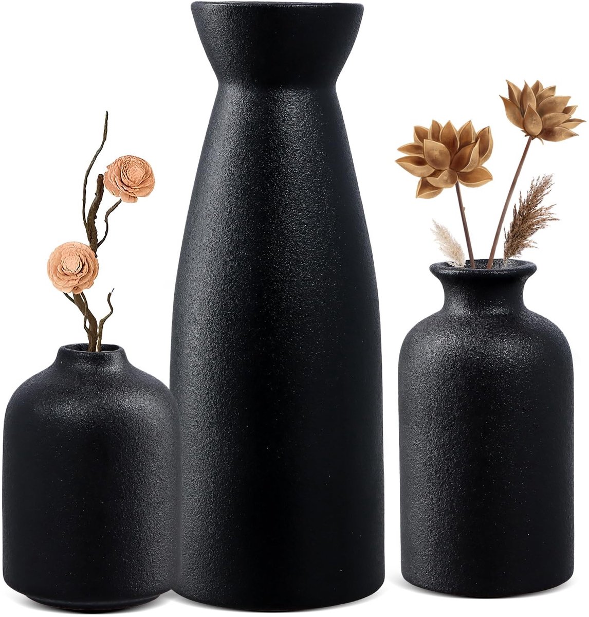 Allecto - Decoratieve Vaas Set - 3 Stuks - Minimalistisch Design - Beige en Zwart - Voor Droogbloemen en Pampasgras - Perfect voor Interieurdecoratie