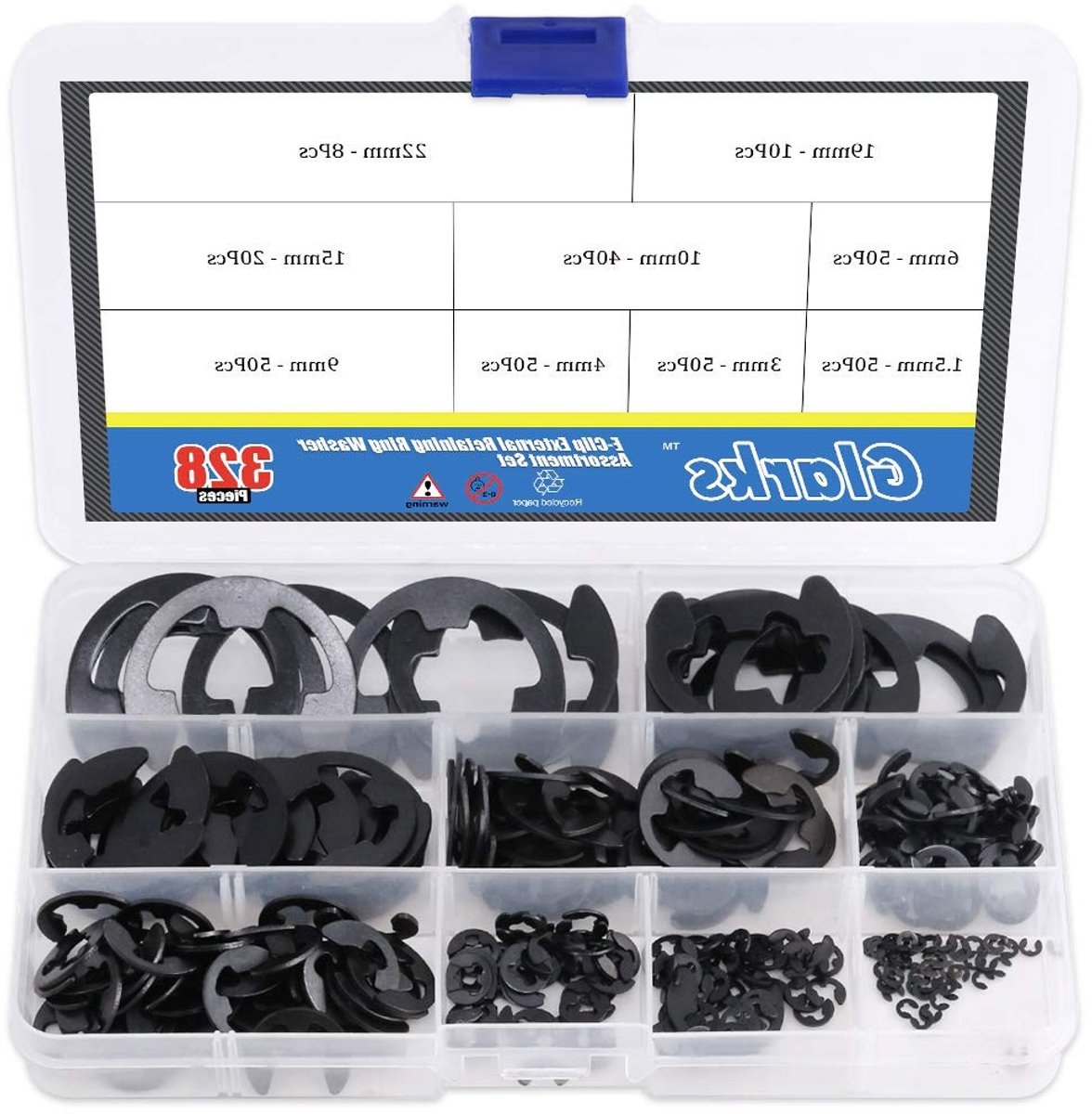 328 Stuks 9 Maten Zwarte Legering Stalen E-Clip Externe Bevestigingsringen en Washers Assortiment Set voor Mechanisch Gebruik en Reparaties