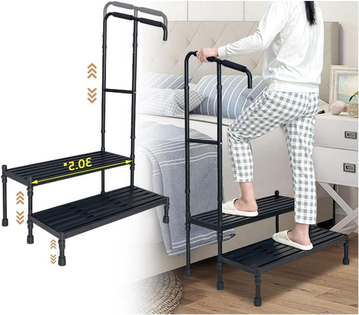 Opstapkruk met handvat - Bedtrap senioren - Veilig in hoge bedden - Twee brede stabiele treden - Verstelbaar 138.9 cm
