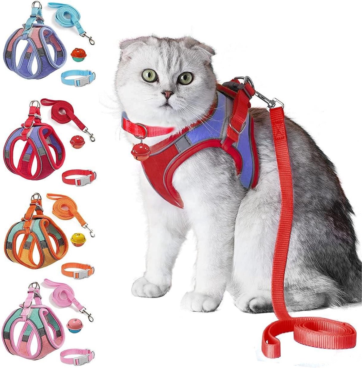 Kattenharnas met Riem - Huisdier Tuigje - Veilig Wandelen - Ontsnappingsbestendig Ontwerp - Verstelbaar - Rood/Donkerblauw
