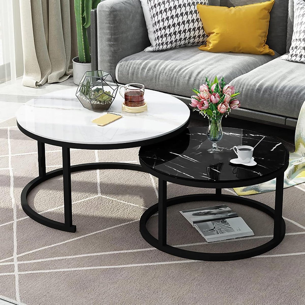 Stapeltafel Set - Nesttafels Rond - Woonkamer Decoratie - Marmer Effect Glas - 70cm en 50cm - Zwart en Wit