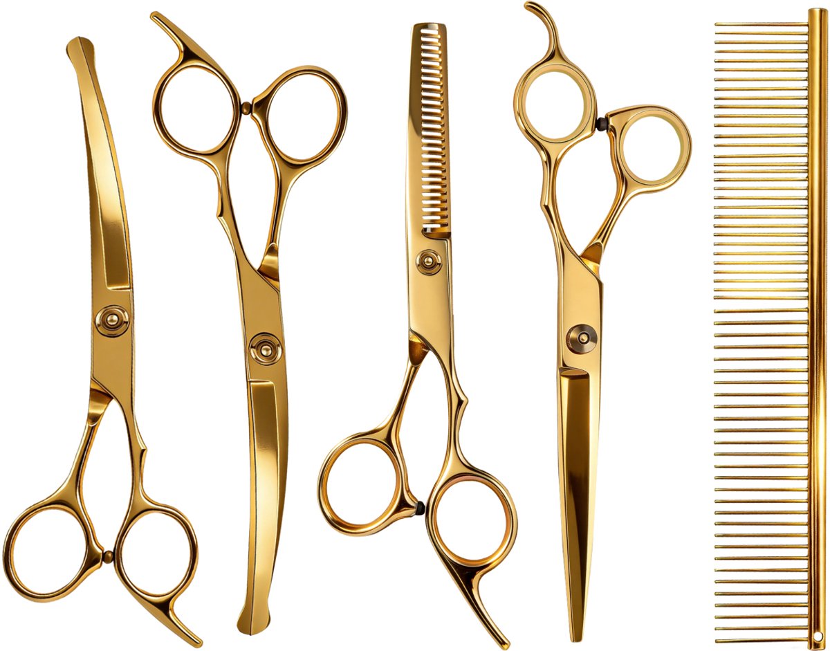 Vacht Vreugde Hondenschaar Set – Effileerschaar, Trimschaar, Gebogen Schaar (2x) & Kam – Goud
