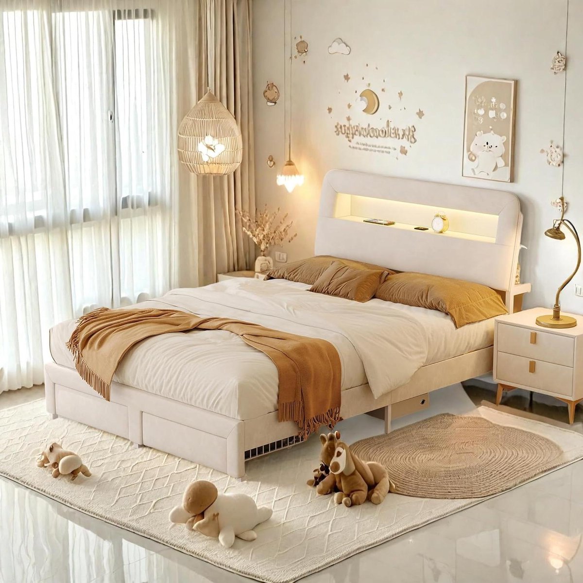 Houten Bed - Tweepersoonsbed Romantisch - Slaapkamer Inrichten - Hartvormig LED Hoofdeinde - 160x200 cm - Beige