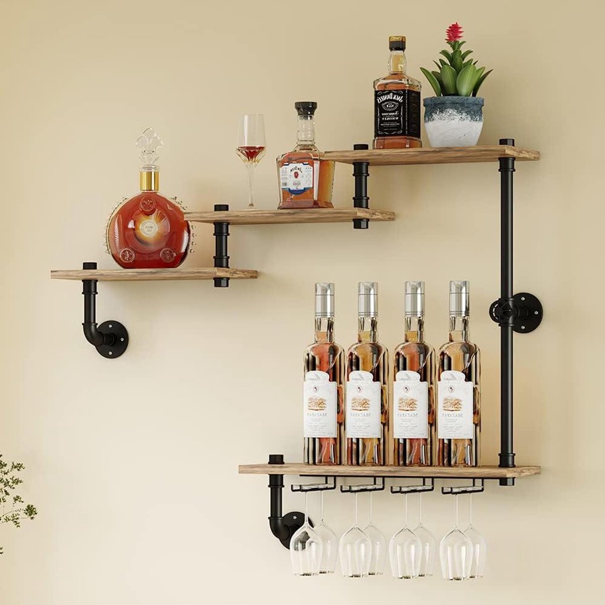 Wijnrek - Glazenhouder Flessenrek - Keuken Ordenen - Industriële Stijl - 4 Flessen - Zwart