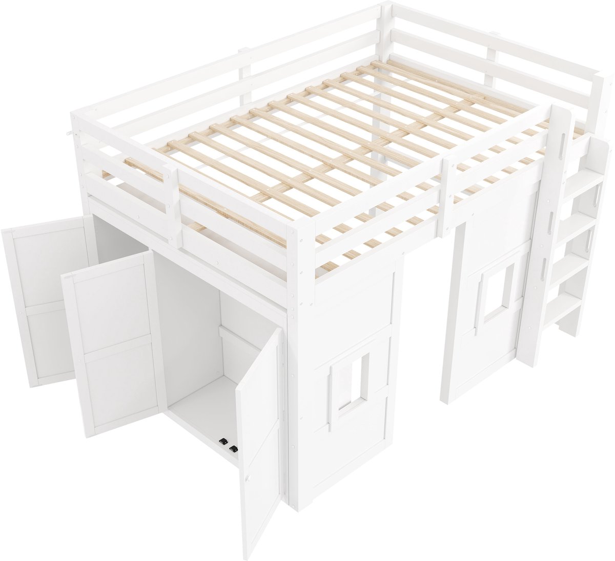 Merax Hoogslaper 140x200 cm - Houten Bed met Kast - LED Verlichting met Afstandsbediening - Met Opbergruimte en Veiligheidshekken - Wit