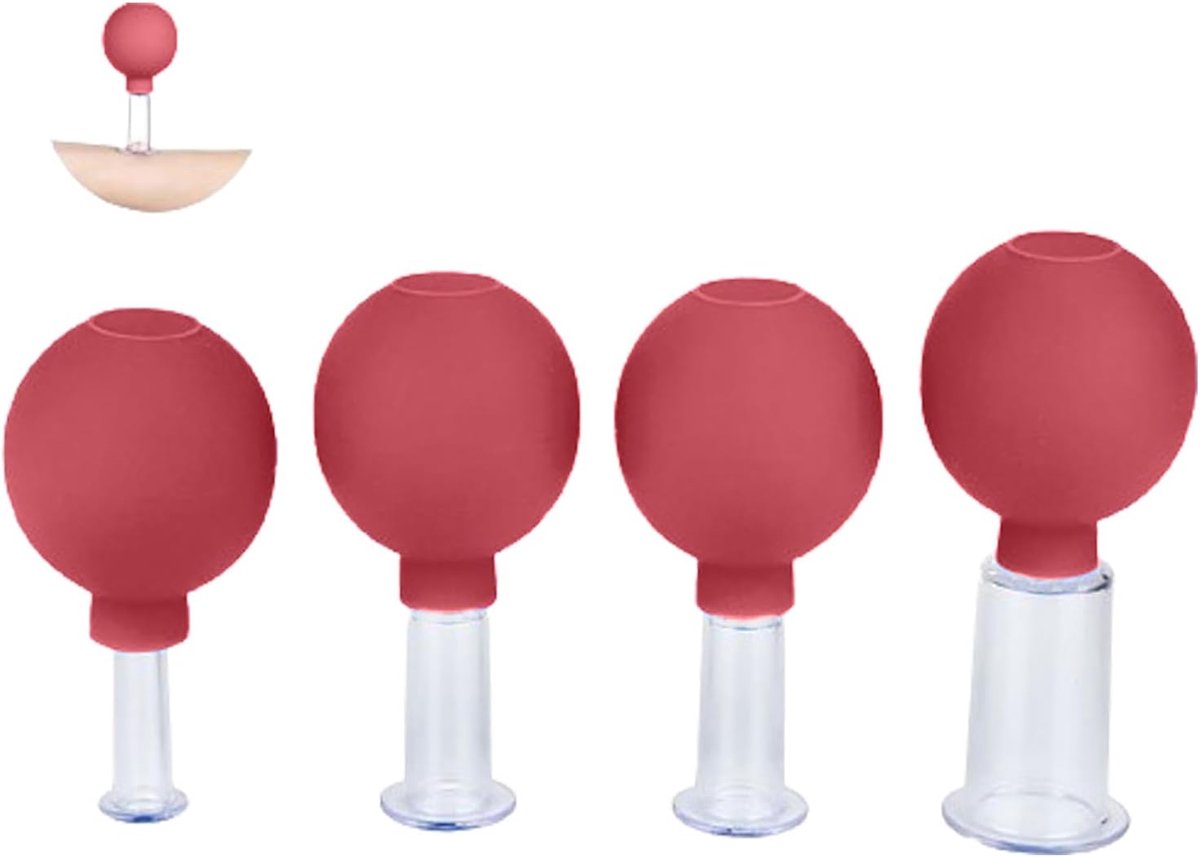 Facial Cupping Set - 4 Stukken - Gezichtsmassage - Huidverzorging - Cupping Glazen - Plastic Fysiotherapie Bekers met Siliconen Bal - Strakke Huid - Rimpelreductie - Ontgifting - Stimulatie van Lymfeloop
