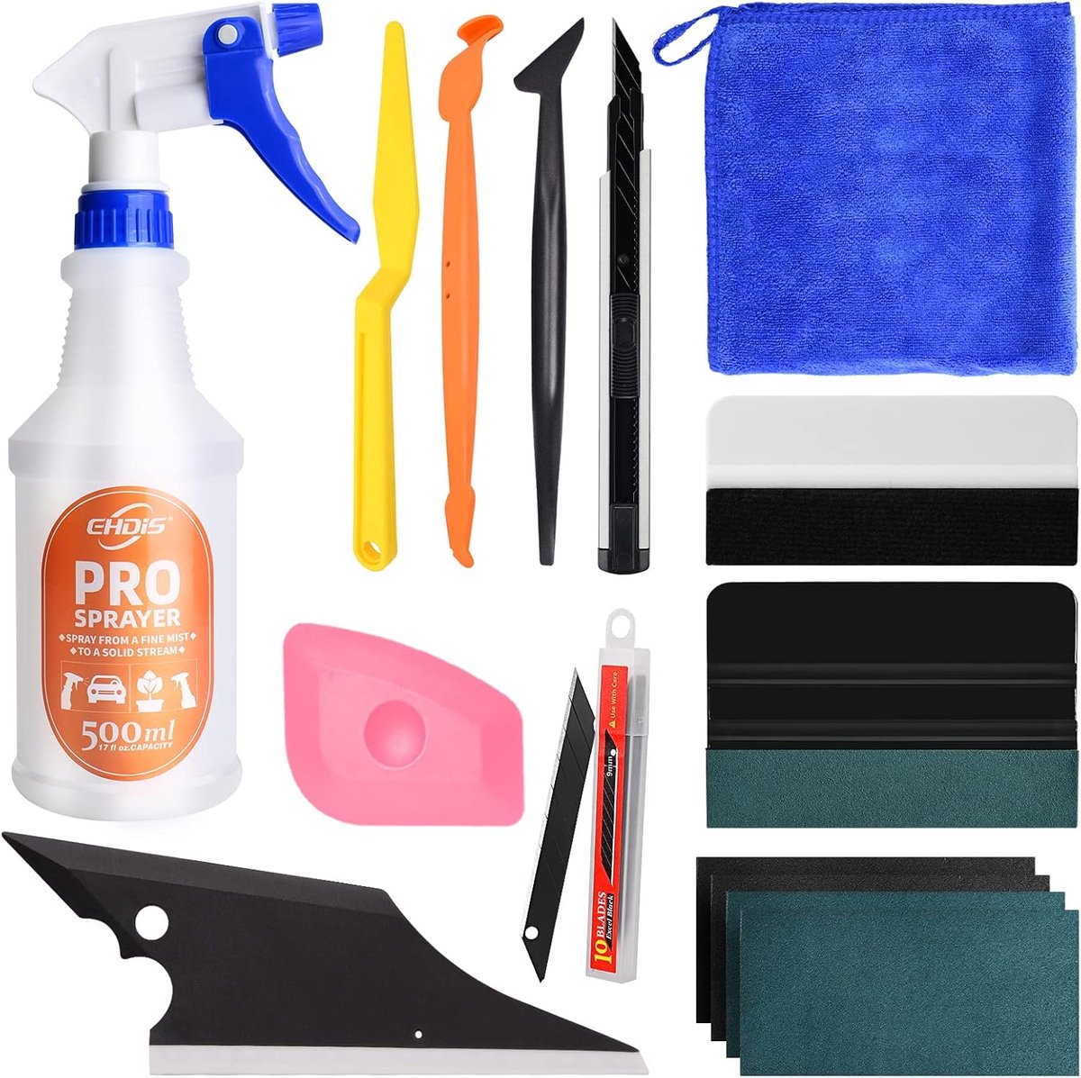 Film Tool Set - Spray Bottle - 500 ml - Squeegee Set voor Car Wrapping - Car Film - Window Film - Keuken met Felt Squeegee Set - Cutter Knife - Window Puller