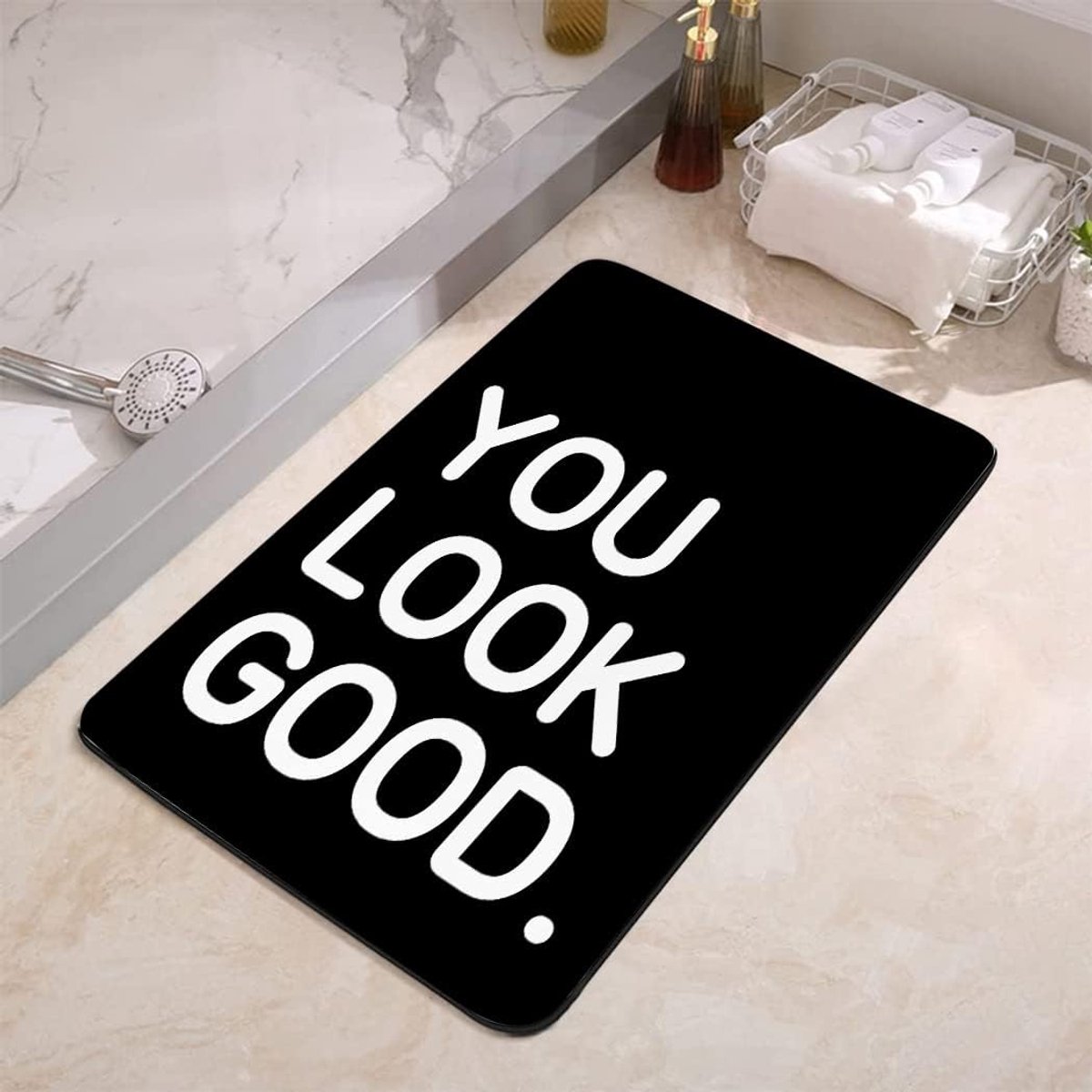 Non-Slip Super Absorbent Bath Rug - Rubber Backing - Fits Under Bathroom Door - Mat Floor Rugs for Shower Bathtub - 43 x 60 cm - You Look Good