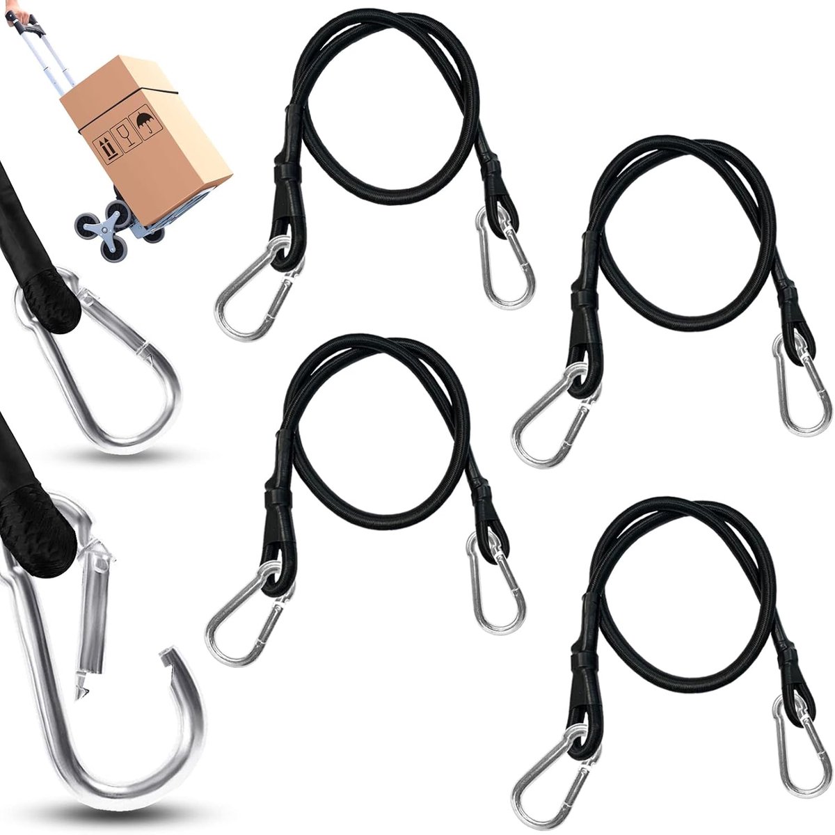 Bungee Carabiner Cords - 4pcs 60cm Quick Straps - Luggage Tensioner - Stretchy en Tear-proof - Weatherproof UV Resistant Bungee Cord voor Luggage Roof Racks Camping Sun Sail Tarps