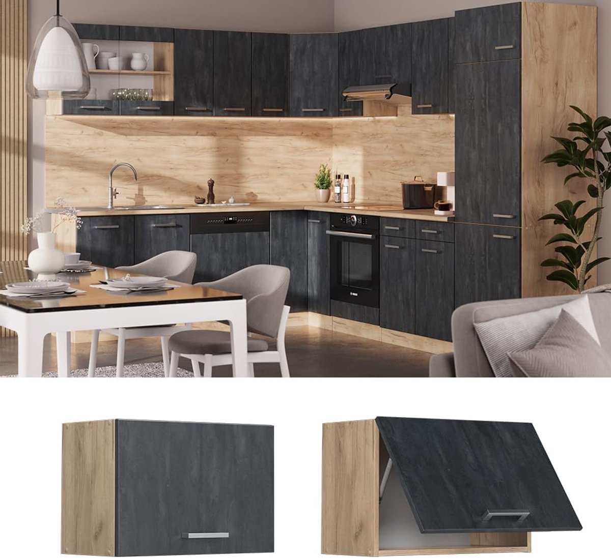 Hangkast Keuken - Muurkast Keukenkast - Keuken Organiseren - Modulair Ontwerp - 60 cm - Zwart Beton
