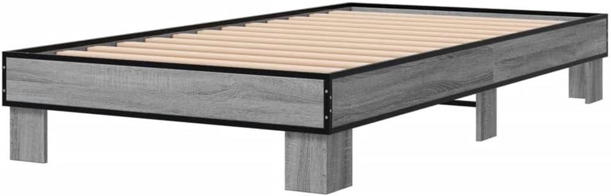 Bedframe Hout Metaal - Bedombouw Eenpersoons - Goede Nachtrust - Multiplex Lattenbodem - 100x200 cm - Grijs Sonoma