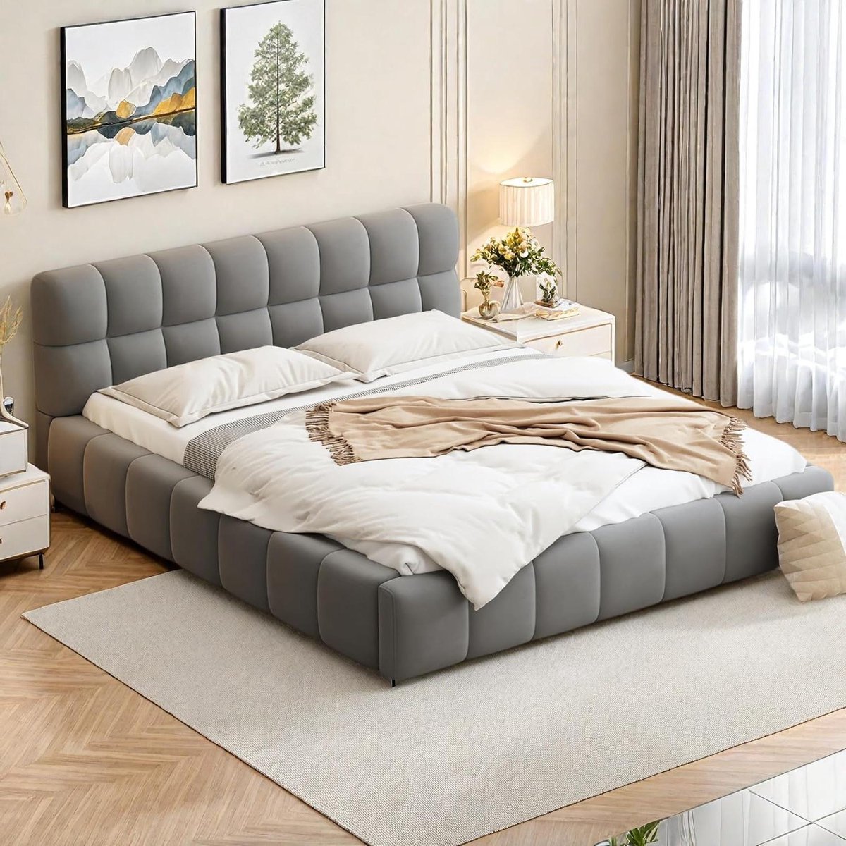 Gestoffeerd Bed - Linnen Bedframe - Comfortabel Ontspannen - Gewatteerd Hoofdeinde - 140x200 cm - Grijs