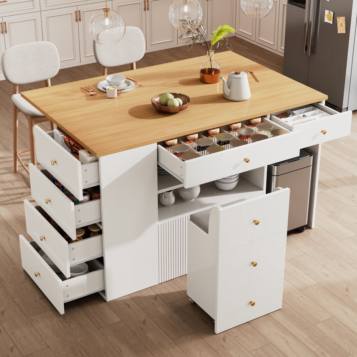 MODENUIT Keukeneiland - 6 Lades En Kruk Met Opbergruimte - Voor Keuken - MDF En Metaal - Wit - 140x40x89 Cm