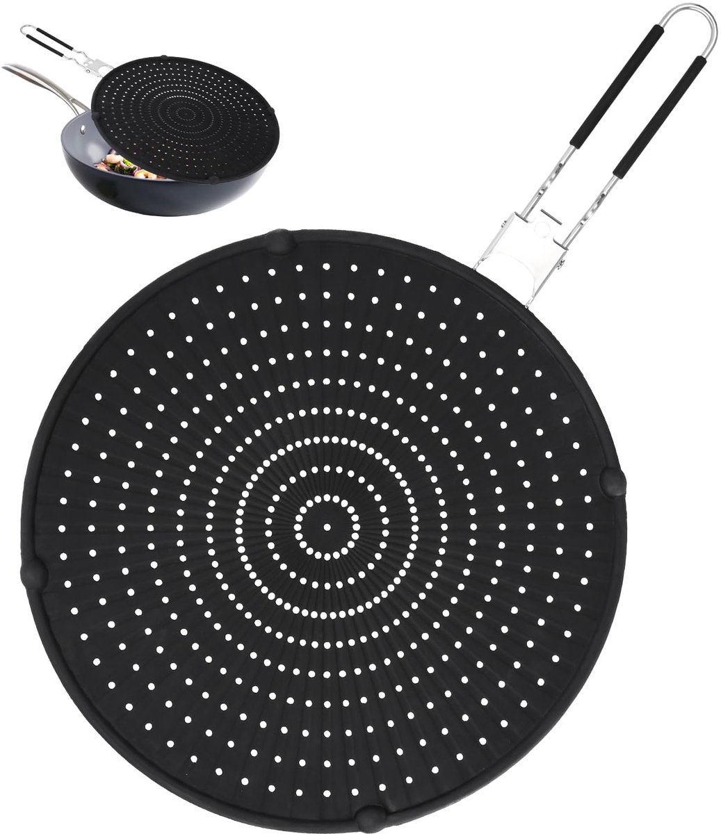 carmdering - Spatscherm - siliconen anti-spat bescherming voor pannen 32 cm - inklapbaar handvat - universeel voor pannen - zwart
