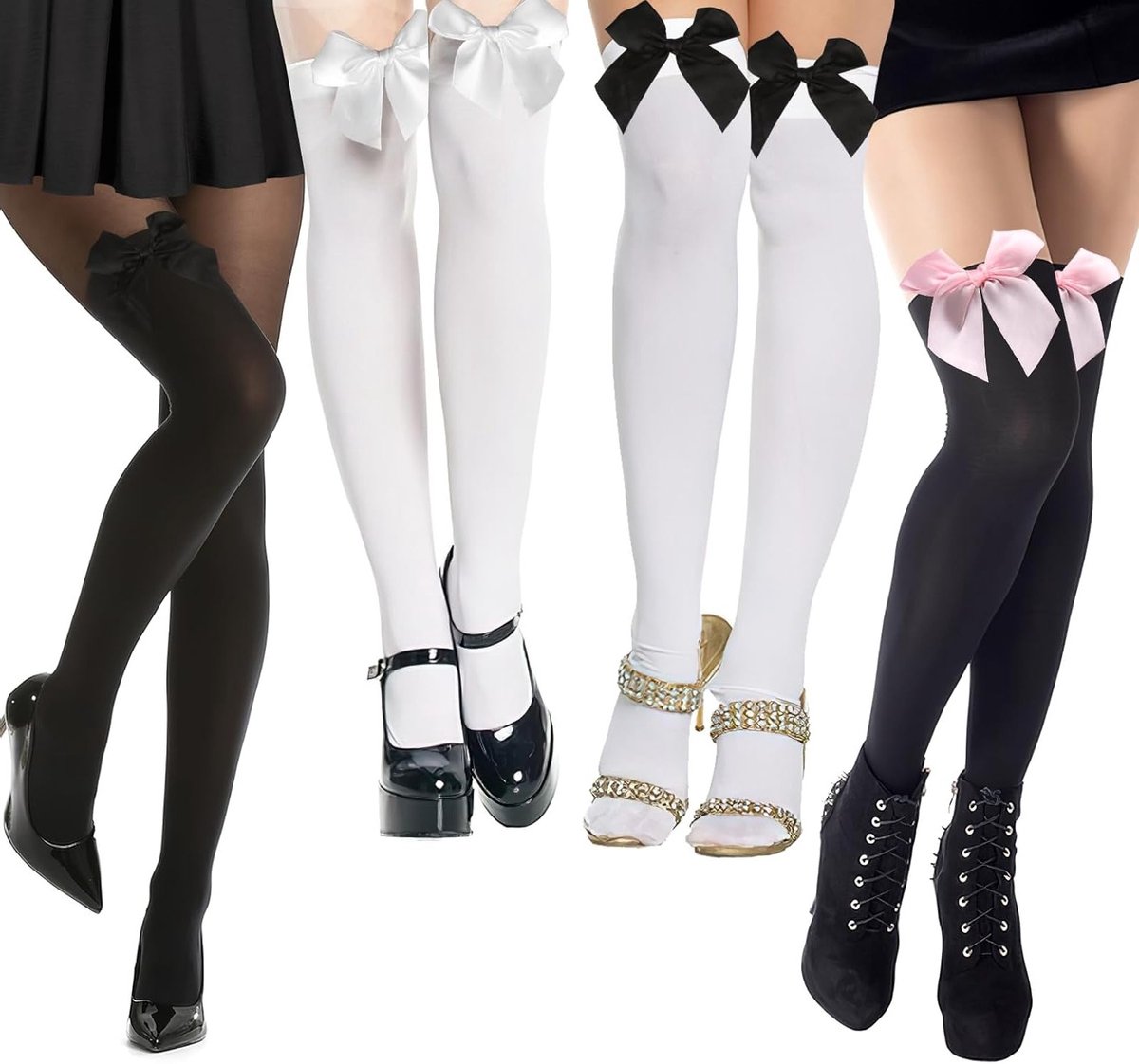 4 Paar Dames Kousen met Strik, Hoge Knie Kousen, Kousen tot Boven de Knie voor Cosplay en Feestjes - Zwart, Wit, Lace Design