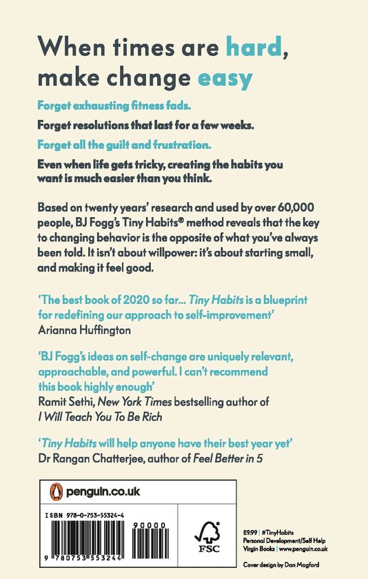 Achterkant van het boek 'Tiny Habits' met de tekst 'When times are hard, make change easy'. Bevat recensies en ISBN.