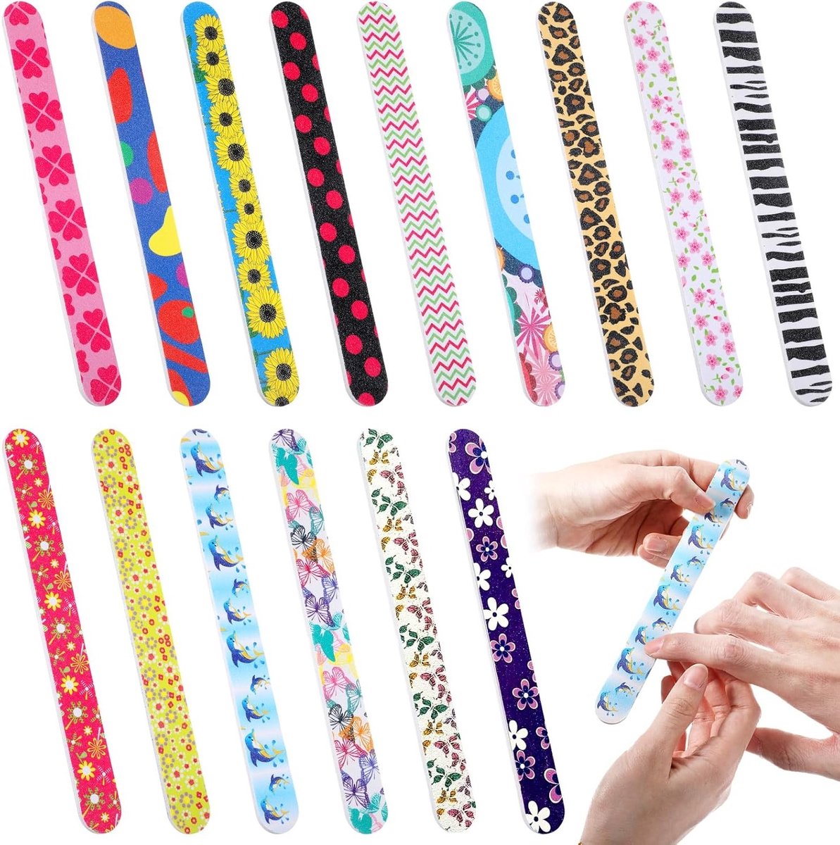 15-delige Vijlenset voor Natuurlijke Nagels, Dubbelzijdige 180 Grit Nagelvijlen met Kleurrijke Bloemen voor Professionele Manicure en Nagelverzorging voor Vrouwen