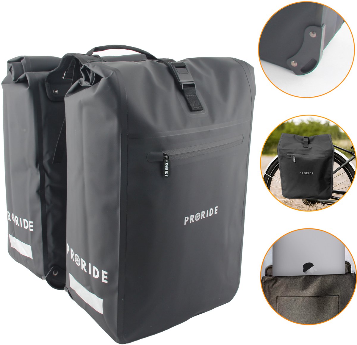 Proride® Dubbele Fietstas Rolltop - Fietstassen Electrische Fietsen - 40L - Zwart - Geschikt voor MIK adapter - 100% Waterdicht - Elektrische Fiets - Fietszakken