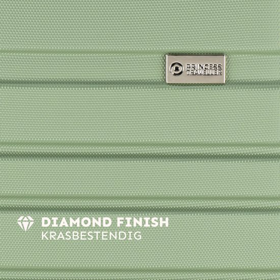 Gedetailleerd beeld van de "Diamond Finish" krasbestendige textuur van de groene koffer.