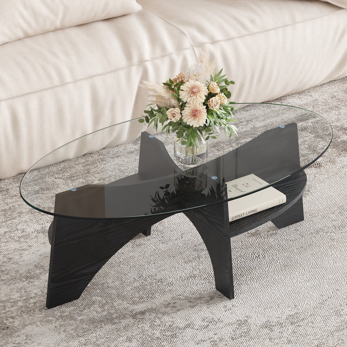 FloraGrace Salontafel - Ovale Glazen Tafel Met Zwart Onderstel - Voor Woonkamer En Balkon - MDF En Glas - 104,9x60x35,6 Cm