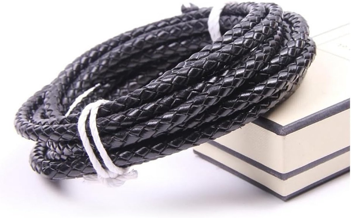 Ronde leren armband met gevlochten koord van echt koeienleer, 3-8mm, voor retro sieraden en cadeauverpakking in zwart