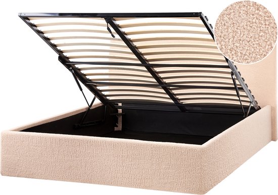 Beige bouclé bed met opklapbare lattenbodem.