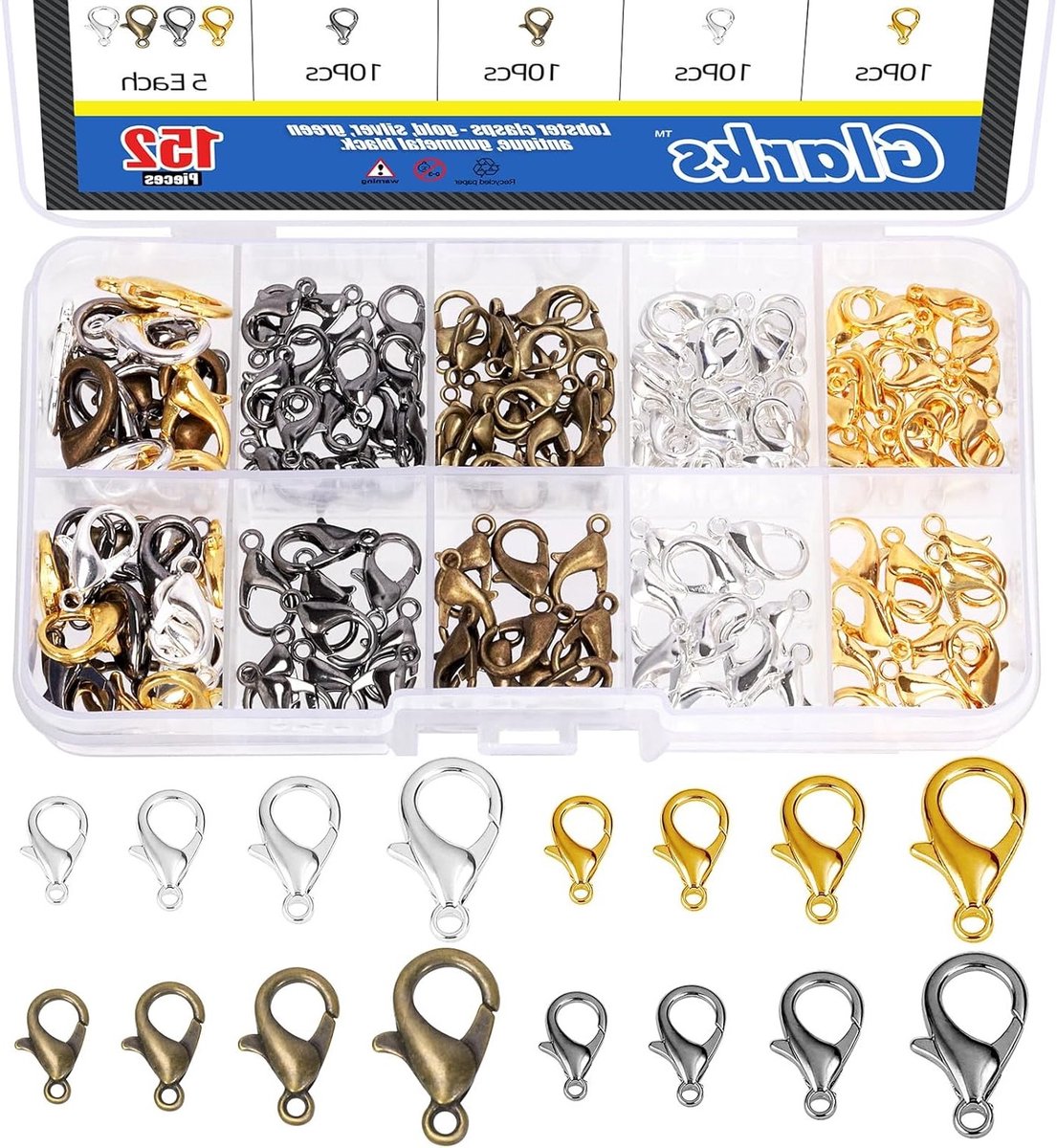 152-delige set 12mm, 14mm, 16mm, 18mm Zinklegering Kreeftsluitingen voor Kettingen en Sieraden Maken - Ideaal voor Armbanden en Halskettingen