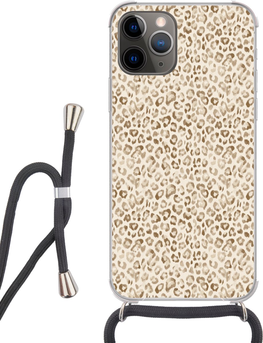 Telefoonhoesje Geschikt voor iPhone 13 Pro Max - Luipaard - Klassiek - Beige - Siliconen - Crossbody - Backcover met Koord - Telefoonhoesje met koord - Hoesje met touw Telefoonhoesje