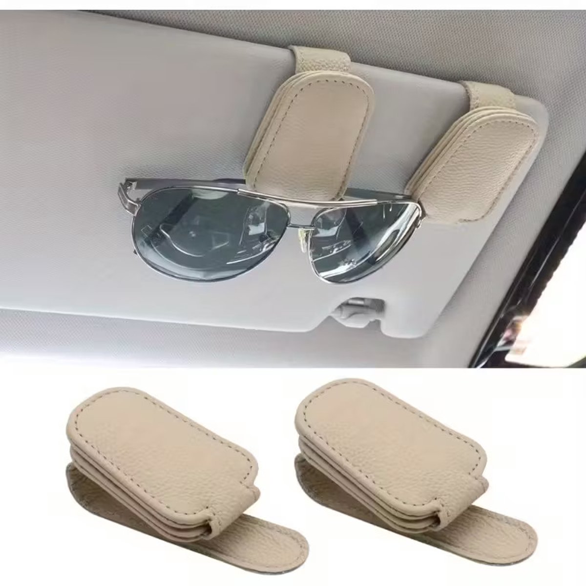 Casemania Zonnebrilhouder voor auto 2 Stuks - Beige - Zonneklep - Zonneklephouder - Brilhouder - Leesbril Houder - Clip voor auto - Zonneklep - Accessoires - Magnetische Brilhouder