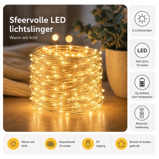 BOTC Lichtsnoer Binnen en Buiten Met Afstandsbediening - Fairy Lights 10 meter - LED Lampjes Slinger - Soothe Lichtsnoer Binnen - Op Batterijen - Warm White