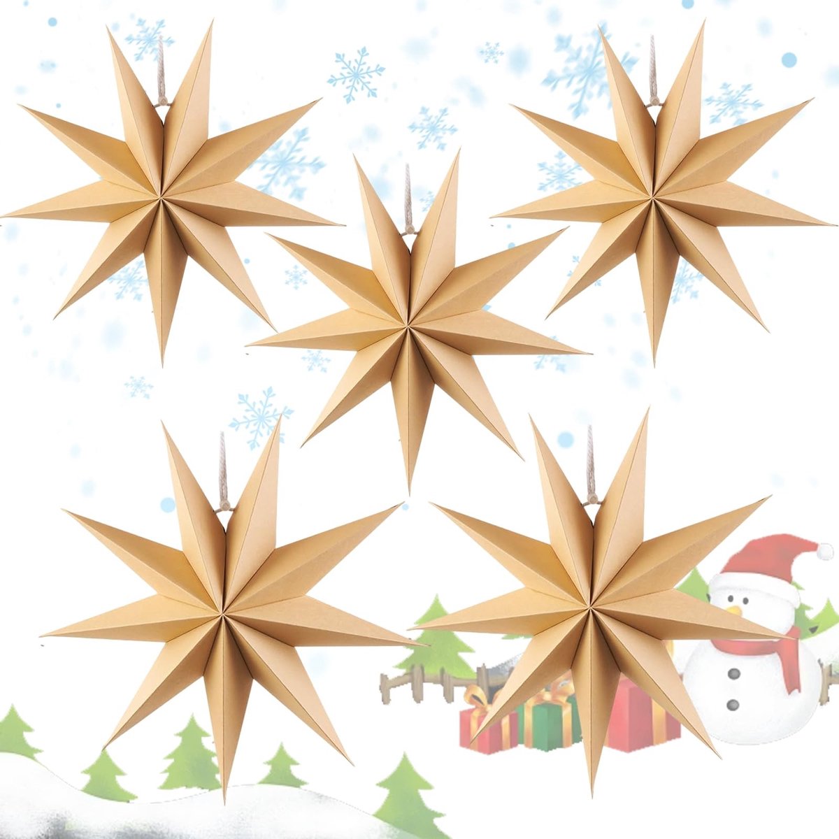 Allecto - Decoratieve Kerststerren - Hangdecoratie - 5 Stuks - Wit, Blauw, Grijs, Groen - Vouwsterren - Perfect voor Kerstmis - Sfeervolle Versiering