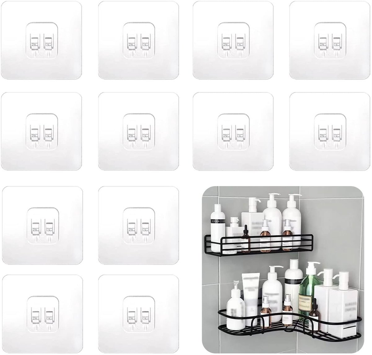 Allecto - 12Pcs Shower Caddy - Zelfklevende Haken voor Badkamer - Transparant - Sterke Adhesie - Geschikt voor Baskets en Planken - 12 Stuks