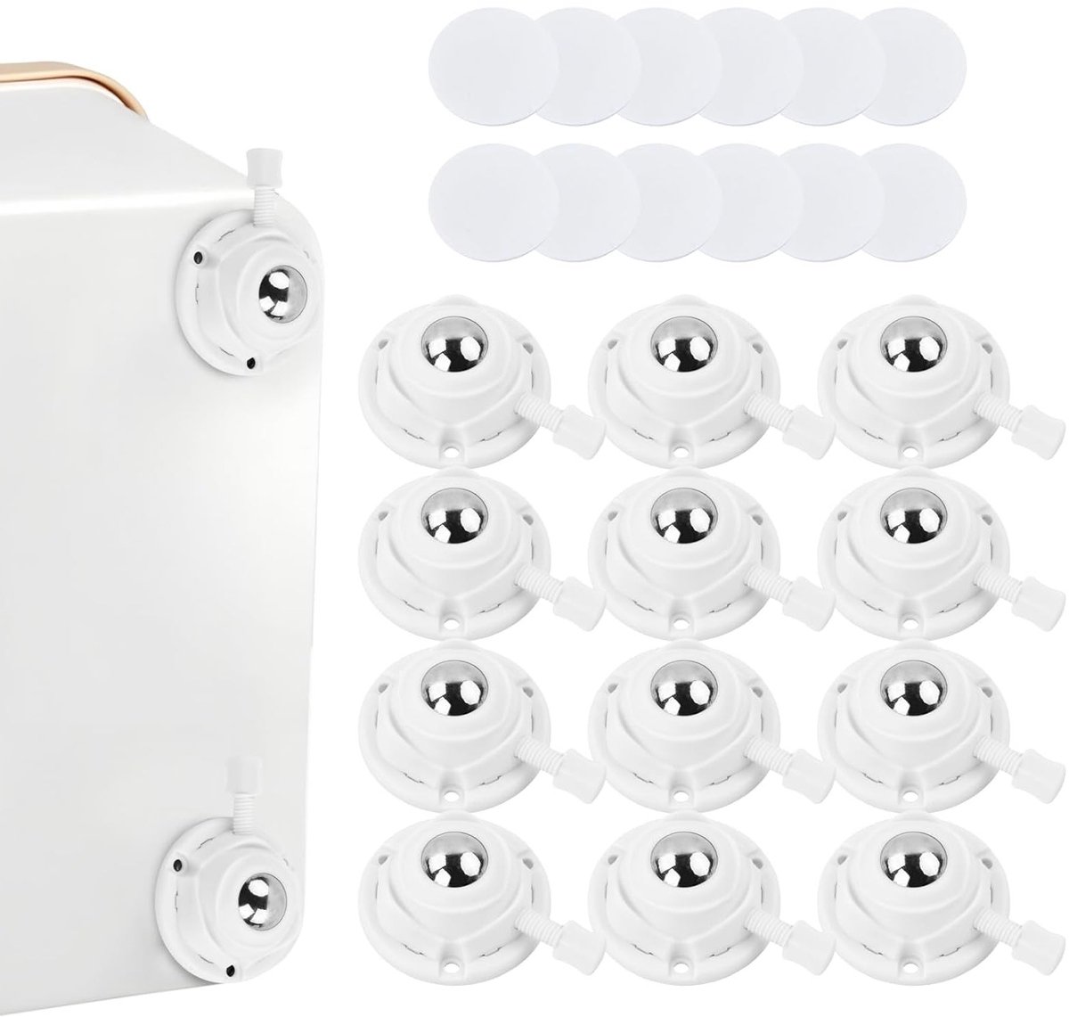 Set van 12 Mini Wielen met Zelfklevende Bevestiging en Rem, 360° Draaibaar voor Meubels en Afvalbakken, Tot 100 kg Belastbaar