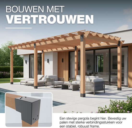 Bouwen met vertrouwen. Een moderne pergola met antracietgrijze paalverbinders. Een close-up toont de verbinding van een hoekverbinder met een houten paal.