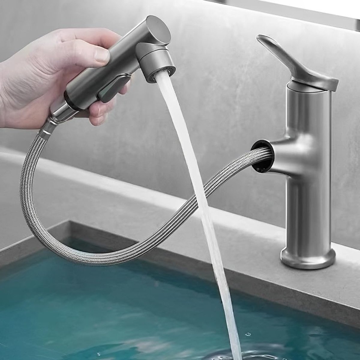 Zwarte Mengkraan voor Badkamer met Uittrekbare Doucheslang, Hoge Druk en 3 Modi voor Wastafel en Badkuip, Warm en Koud Water Fitting