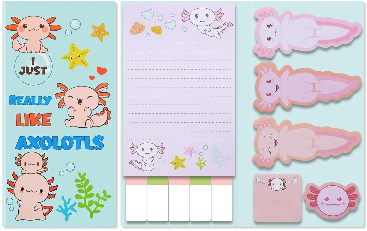Allecto - Sticky Notes - Kawaii Axolotls - Leuke memo notities - 550 Sheets - Adhesive pads - Perfect voor school en kantoor - Kleurig design