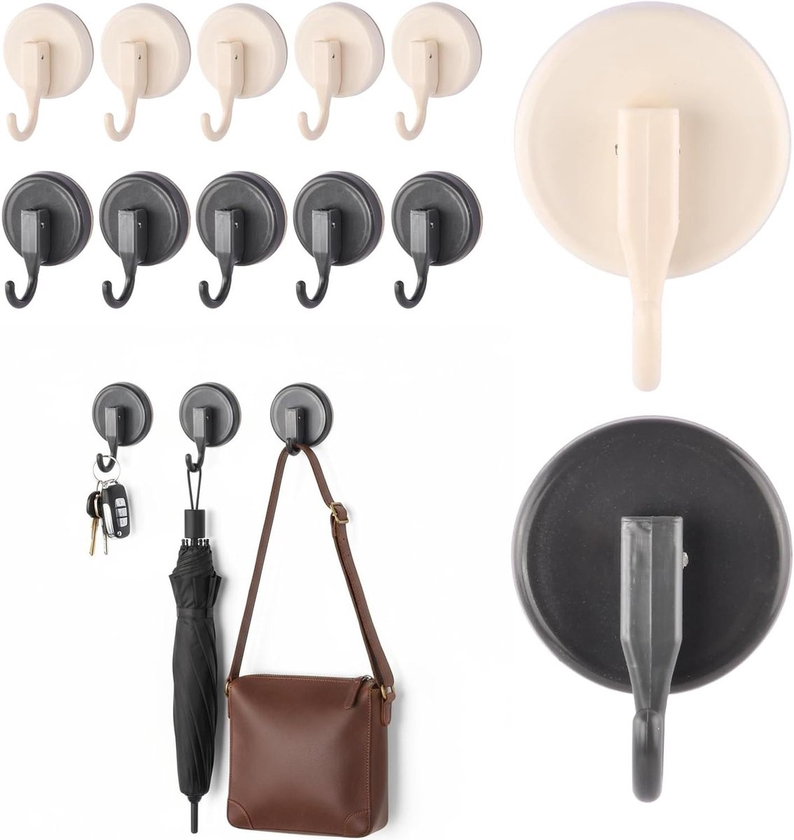 Set van 12 sterke zuignap haken, zware kwaliteit zonder boren, verwijderbare haken voor badkamer, keuken, tegels en spiegels, tot 3 kg draagvermogen, grijs en gebroken