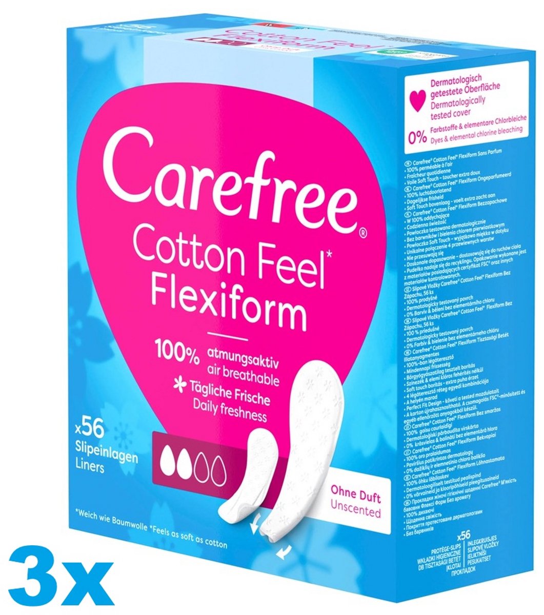 Carefree Cotton Feel Flexiform - luchtdoorlatende inlegkruisjes string - parfumvrij - absorptiegraad twee - 3 x 56 stuks