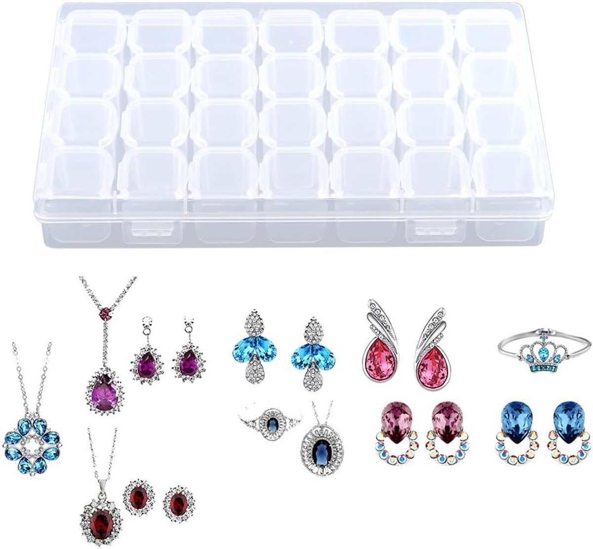 Verstelbare doorzichtige plastic opbergdoos voor medicijnen en sieraden, ideaal voor pillen en oorbellen opslag