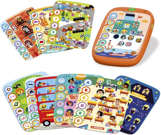 Electro spel met een oranje tablet en spelbladen met diverse thema's zoals school en de bus.