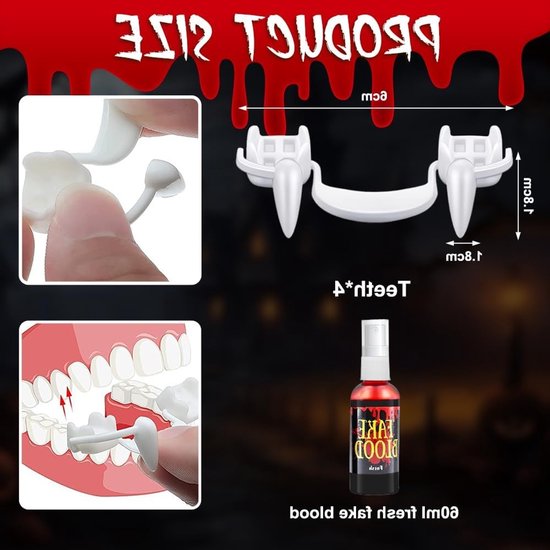 Vampier Tanden Set met 60ml Nep Bloed Spray, Zombie Tanden en Lijm voor Volwassenen en Kinderen, Perfect voor Halloween Feestjes en Kostuums — afbeelding 5