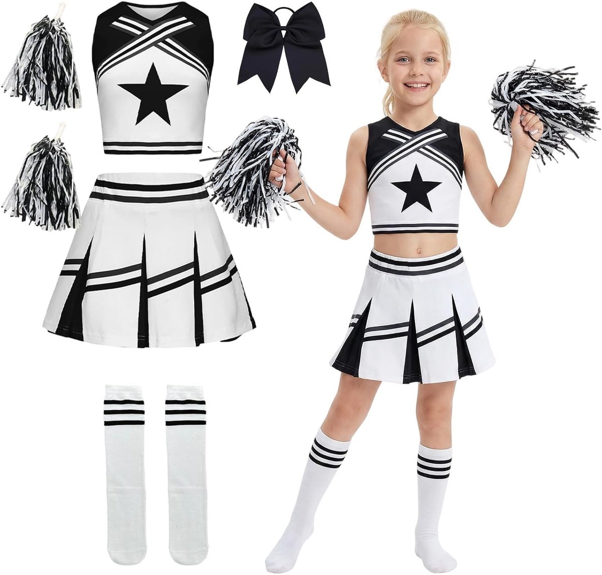Feestelijke Cheerleader Kostuum voor Meisjes met Pompoms en Haarband - Perfect voor Carnaval en Halloween