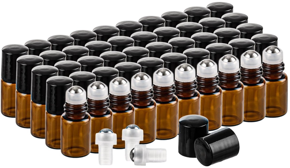 aladdien - Roll-on flessen - Glazen oliën - UV-bescherming - Bruin glas - Aromatherapie - Voor etherische oliën en parfums - 50 stuks