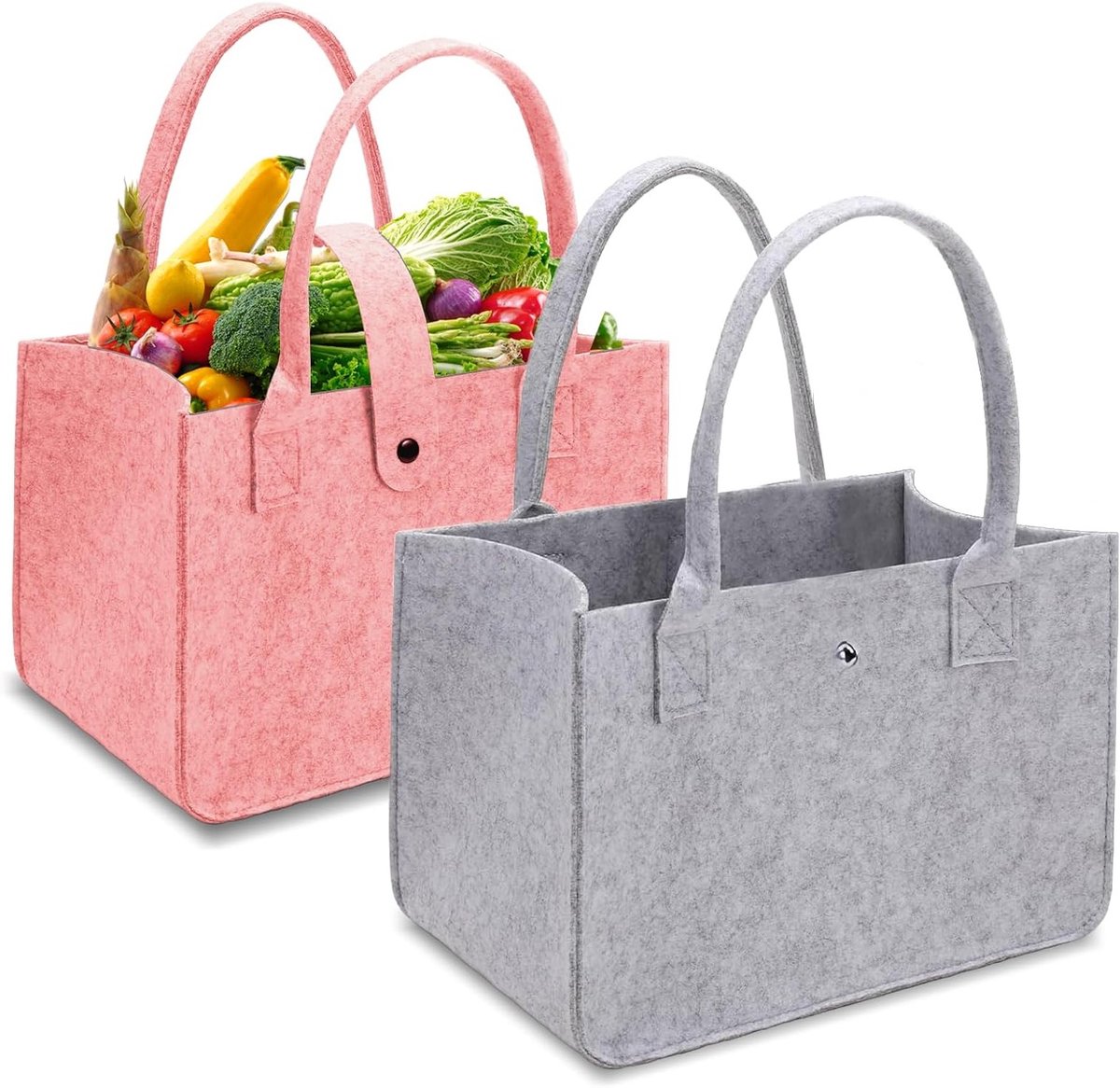 Set van 2 Opvouwbare Vilten Shopper Boodschappentassen - Grote Capaciteit - Roze en Grijs