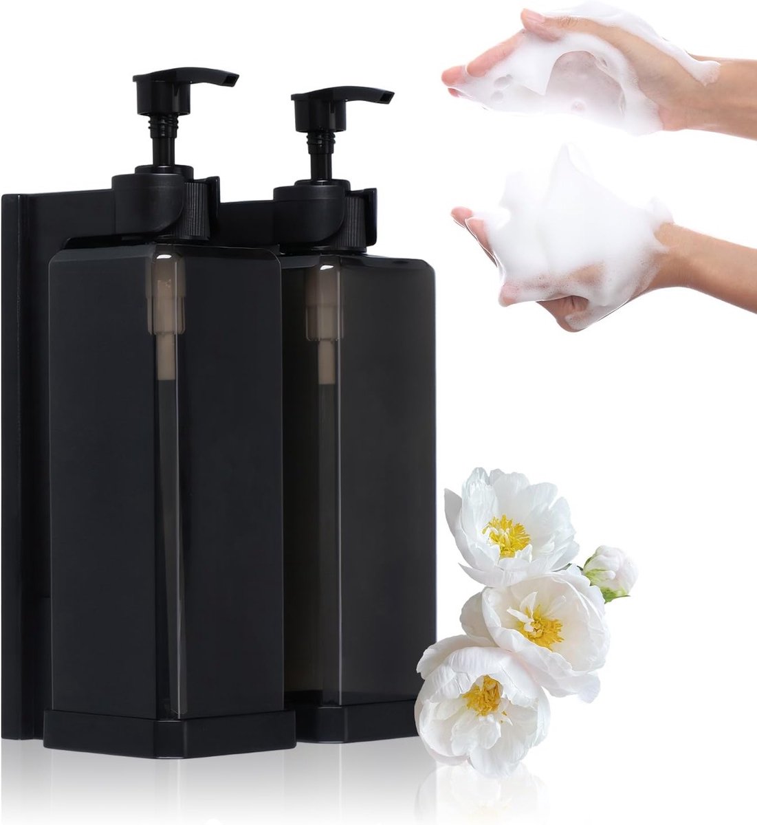 Set van 2 Wandzeepdispenser, 500 ml, Zwart, Plastic Zeepdispenser, Oplaadbaar, Voor Badkamer, Keuken en Hotel, Gemakkelijk te Bevestigen zonder Boren